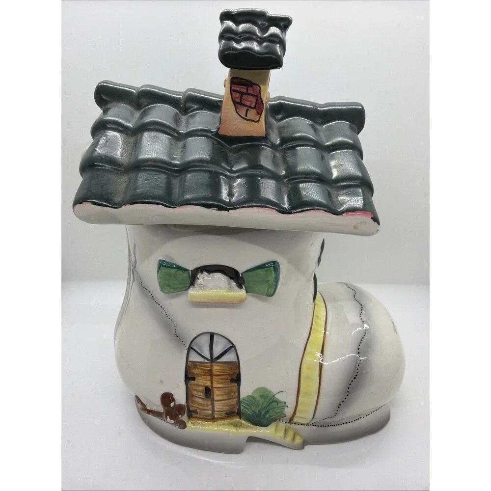 Vintage Italian Ceramic Shoe House Jar - Whimsical Boot Container- Hand Painted